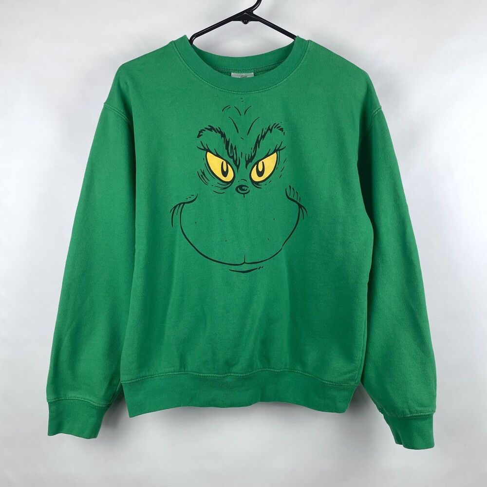 Dr Seuss The Grinch Face Christmas Crewneck Sweatshirt Juniors Youth Medium 7-9